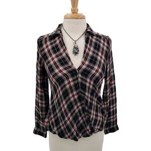 Rock & Republic Womens‎ Plaid Wrap Top Blouse Size S V-Neck Long Sleeve High-Low